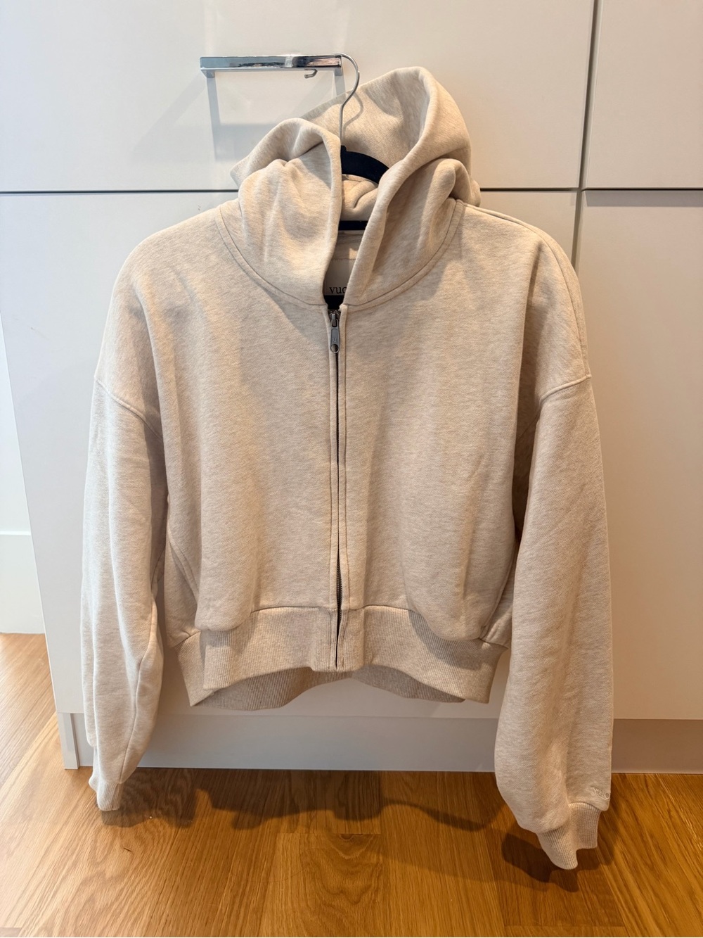 Vuori Neutral Cropped Zip Hoodie in Beige